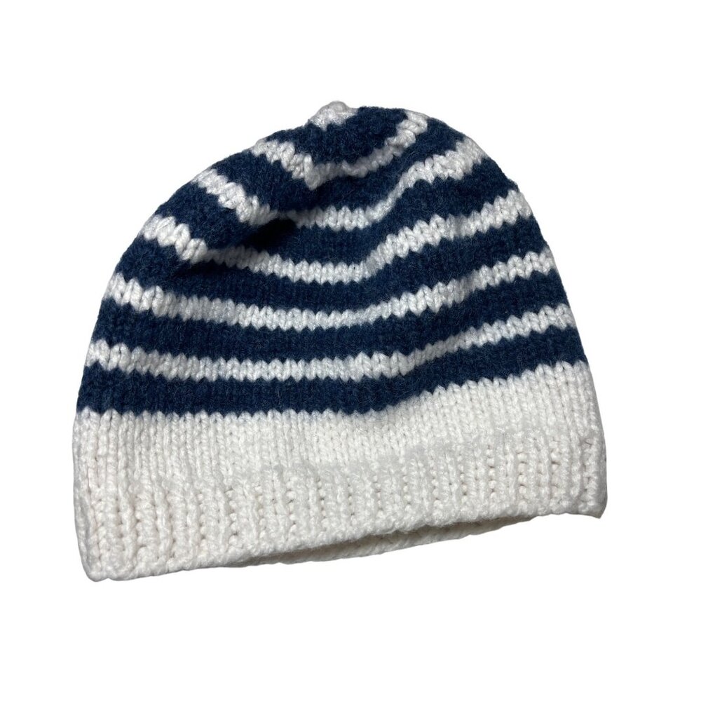 Hand-Knitted Navy & White Striped Wool Beanie Hat For Adults 18n